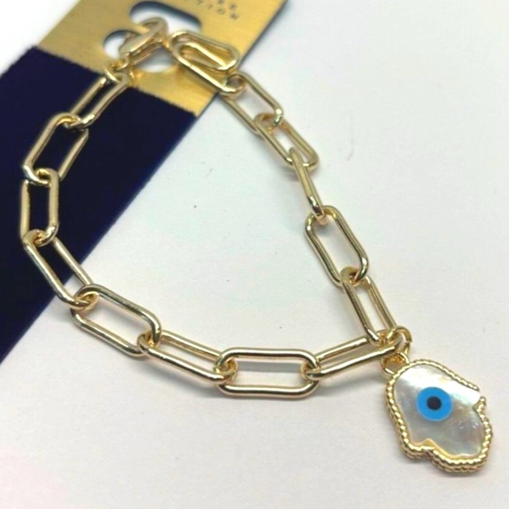 Bracelet Gold Tone Mother of Pearl Hamsa Evil Eye Paperclip Link Clasp New